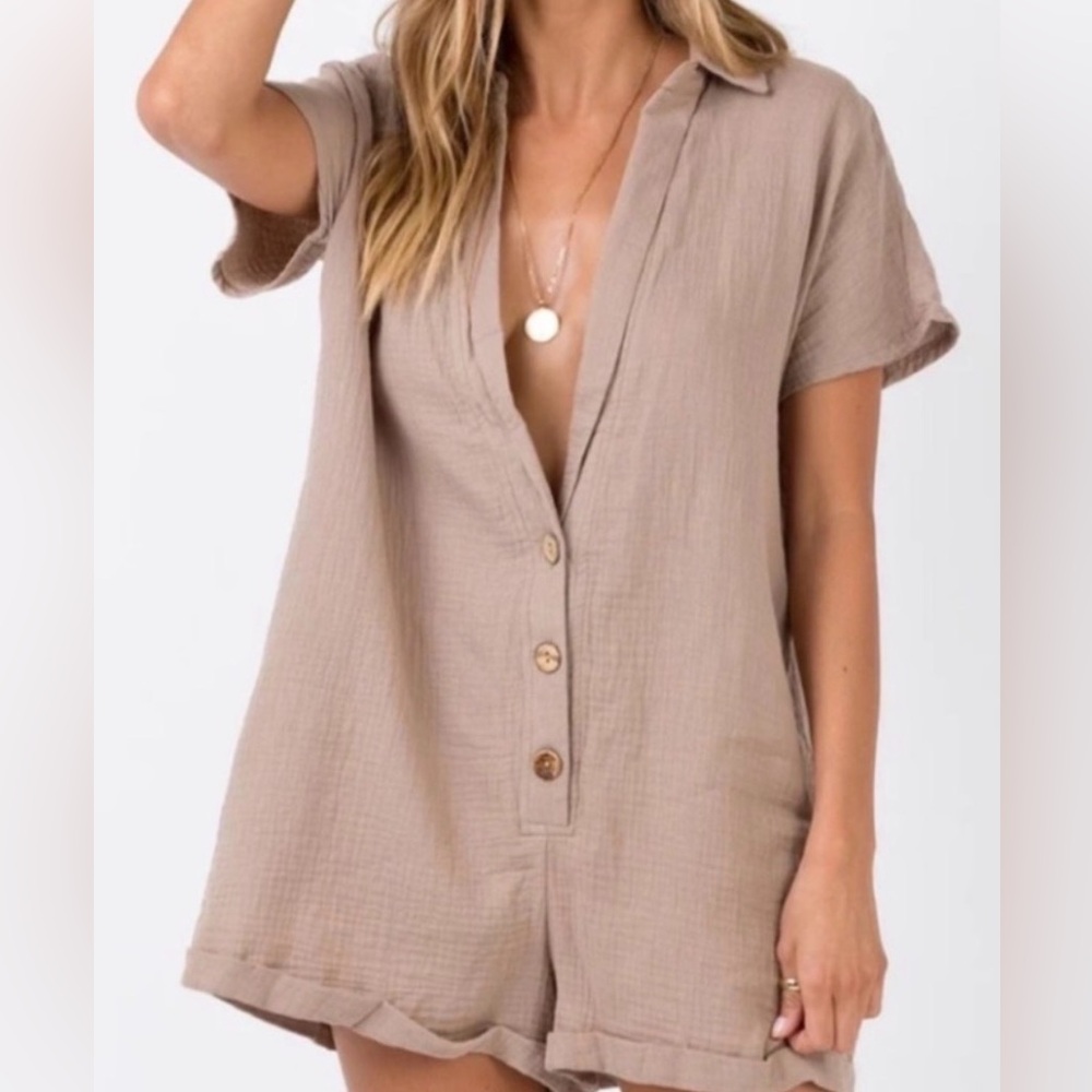 Altar'd State Taupe Button-Front Romper